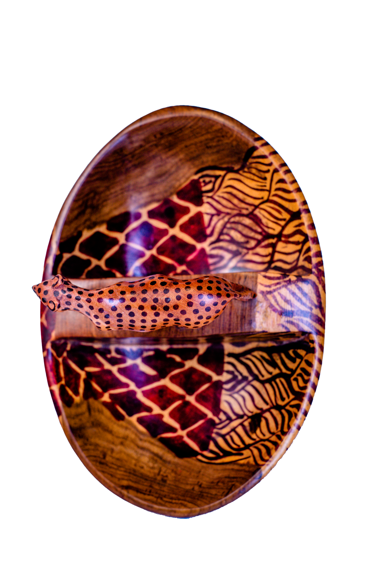 Oval Bowl with Two Compartments & Cheetah Figurine – Dark Brown