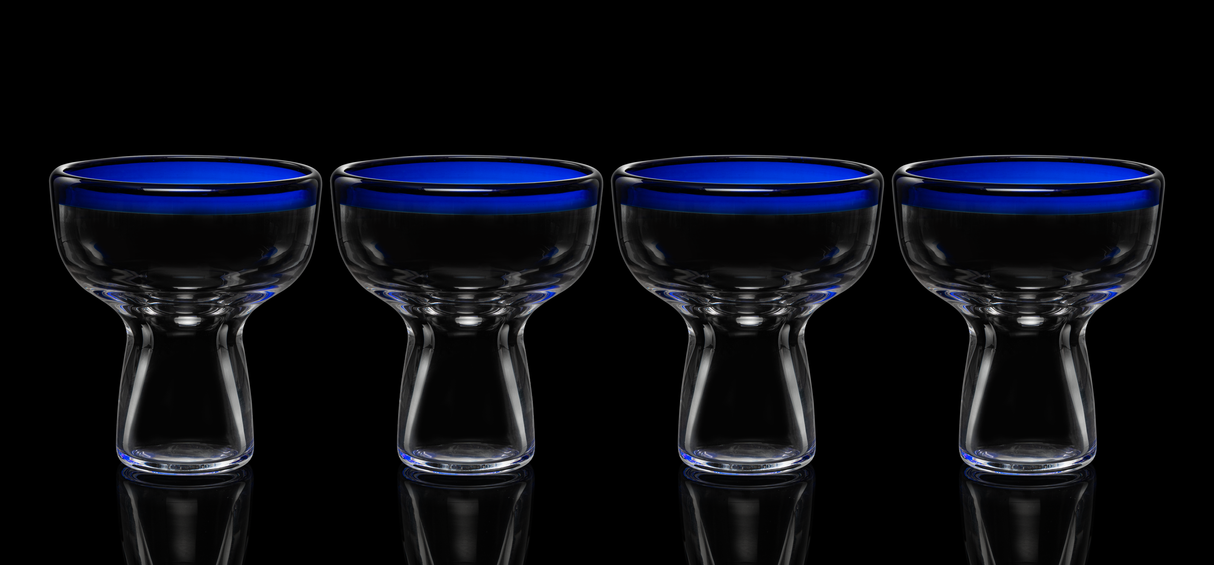 Mexican Hand Blown Blue Rim Margarita Glasses - Set of 4 - Stemless Glass Luxury Hand Blown Mexico Margarita, Martini & Champagne Glasses Cinco de Mayo Glass, Large Party Cobalt Mexico Blue Rim Design-2