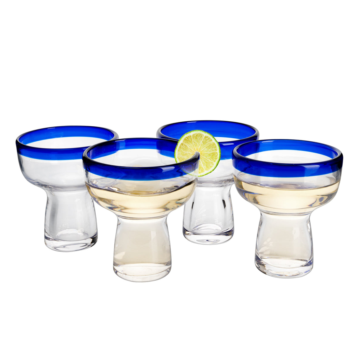 Mexican Hand Blown Blue Rim Margarita Glasses - Set of 4 - Stemless Glass Luxury Hand Blown Mexico Margarita, Martini & Champagne Glasses Cinco de Mayo Glass, Large Party Cobalt Mexico Blue Rim Design-4