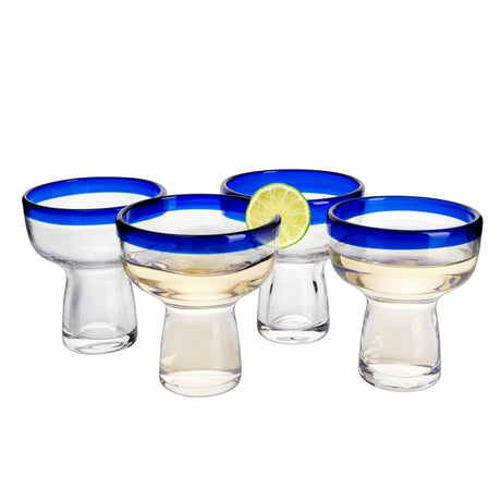 Mexican Hand Blown Blue Rim Margarita Glasses - Set of 4 - Stemless Glass Luxury Hand Blown Mexico Margarita, Martini & Champagne Glasses Cinco de Mayo Glass, Large Party Cobalt Mexico Blue Rim Design-4