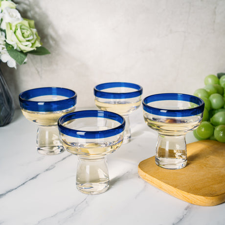 Mexican Hand Blown Blue Rim Margarita Glasses - Set of 4 - Stemless Glass Luxury Hand Blown Mexico Margarita, Martini & Champagne Glasses Cinco de Mayo Glass, Large Party Cobalt Mexico Blue Rim Design-3