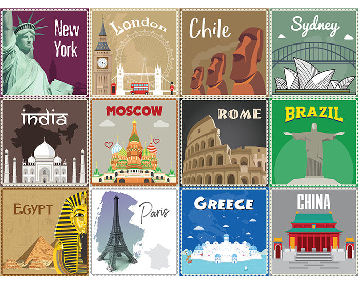 12x2 (24 pcs) TRAVEL THE WORLD WITH THESE ILLUSTRATED STAMP WALL STICKERS-0