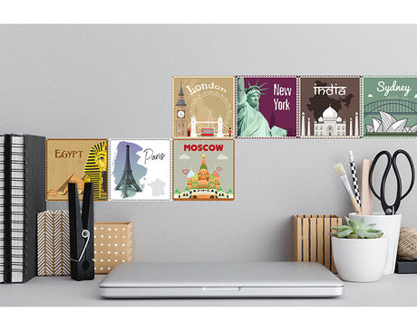 12x2 (24 pcs) TRAVEL THE WORLD WITH THESE ILLUSTRATED STAMP WALL STICKERS-1